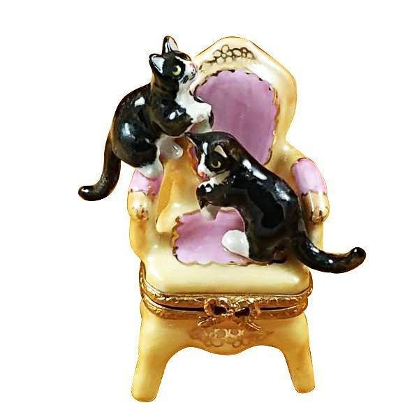 Pink Armchair with Two Cats Porcelain Limoges cat furniture French Trinket Box