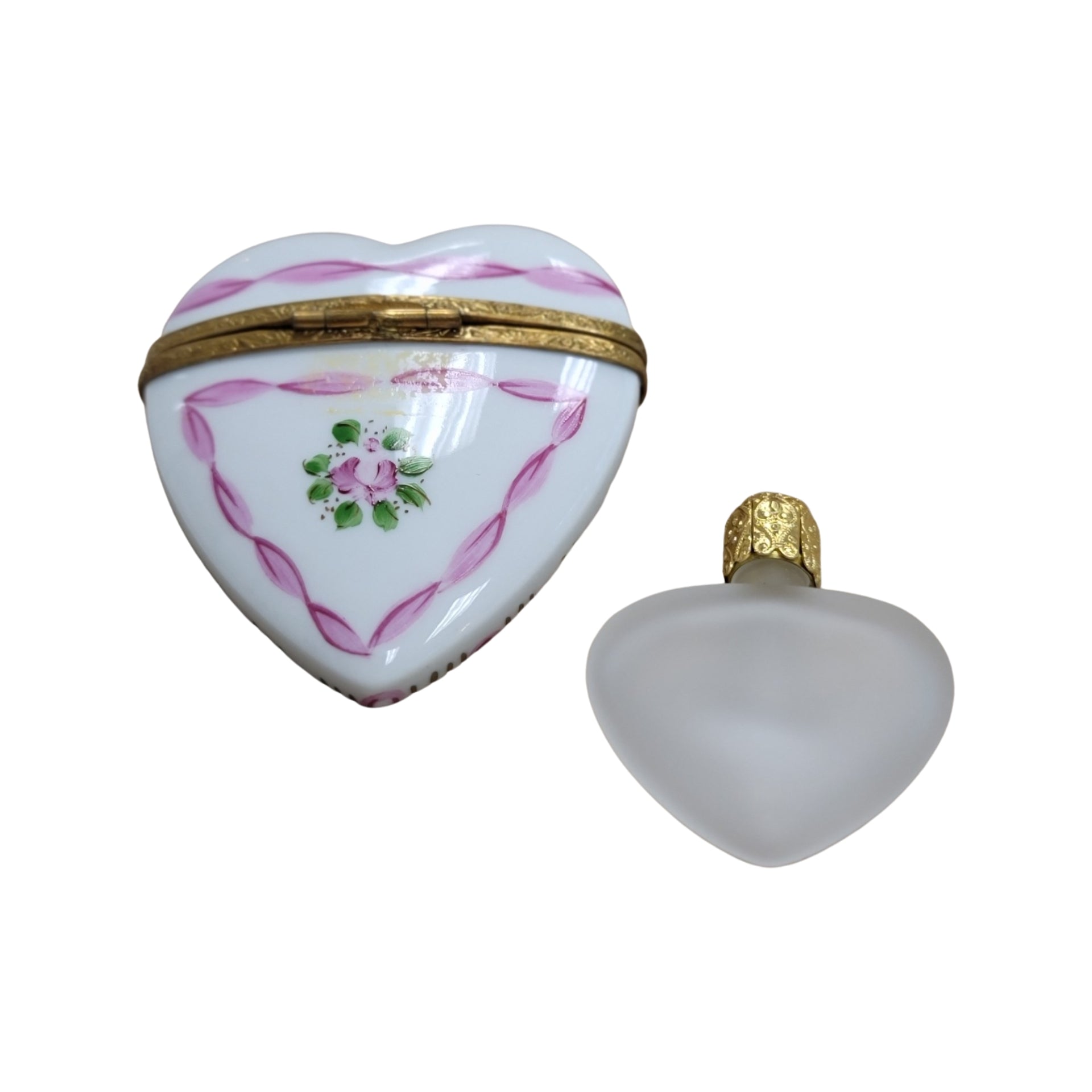 Exquisite Pink Heart Perfume Box Porcelain Limoges Perfume Heart French Trinket Box