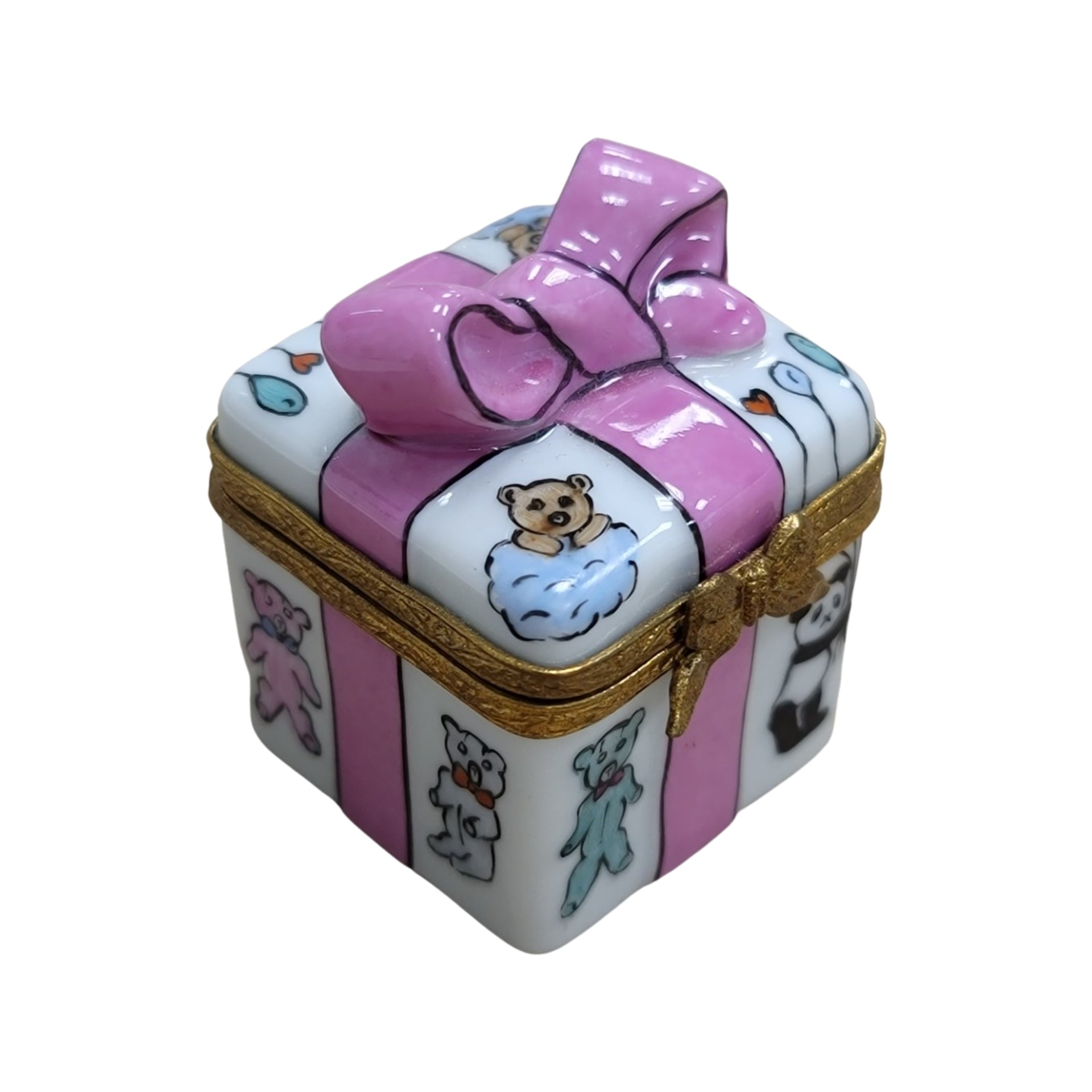Pink Ribbon Baby Gift Box Porcelain Limoges special birthday baby French Trinket Box