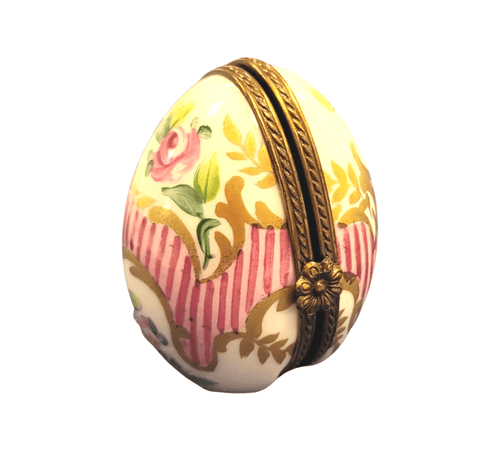 Pink Stripes Oval Picture Frame Porcelain Limoges egg French Trinket Box