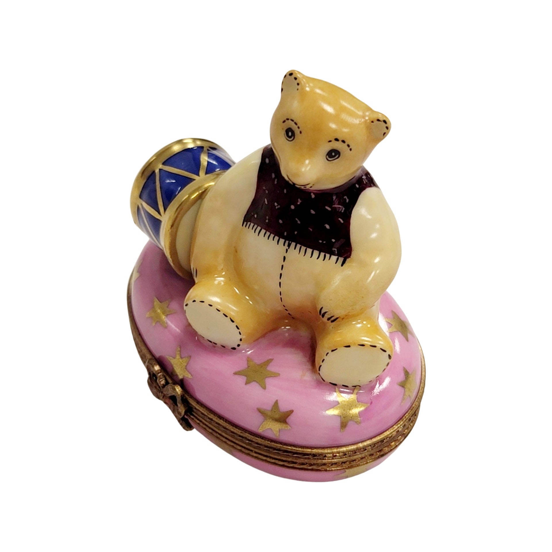 Pink Teddy Bear with Drum Porcelain Limoges Teddy xmas French Trinket Box
