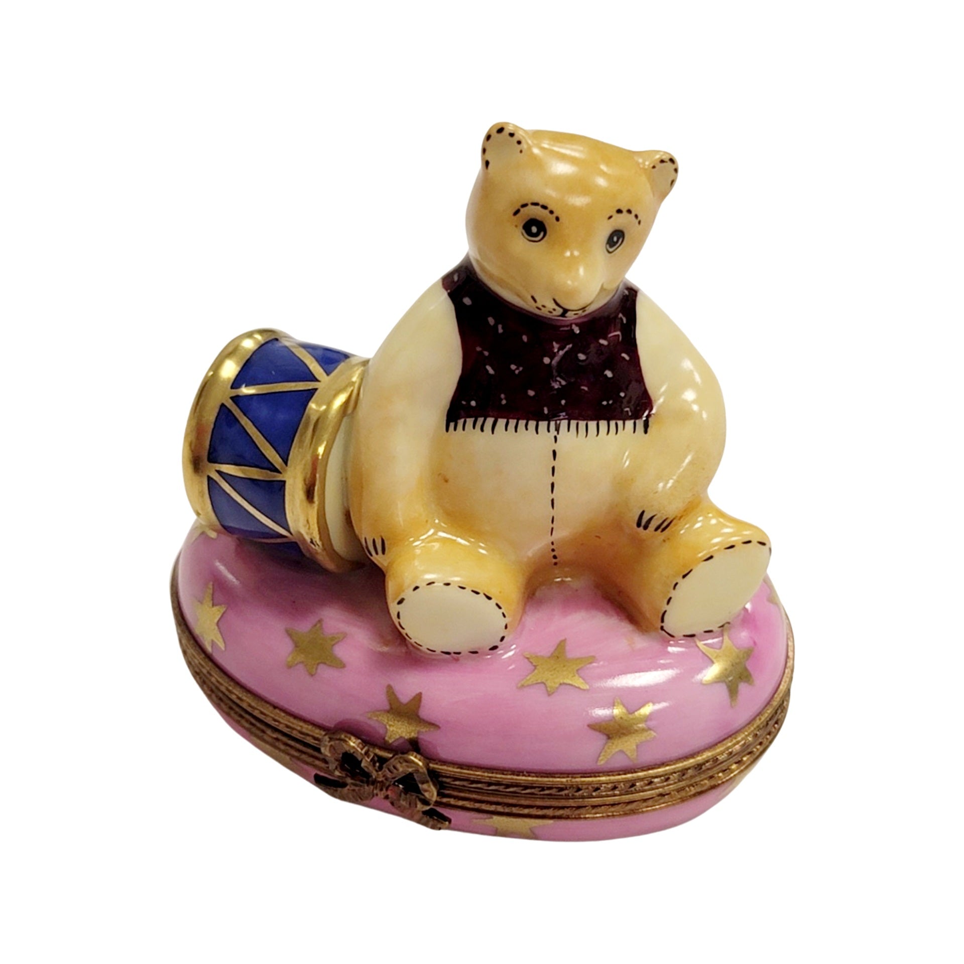 Pink Teddy Bear with Drum Porcelain Limoges Teddy xmas French Trinket Box