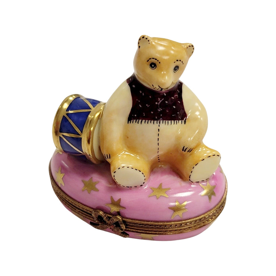 Pink Teddy Bear with Drum Porcelain Limoges Teddy xmas French Trinket Box