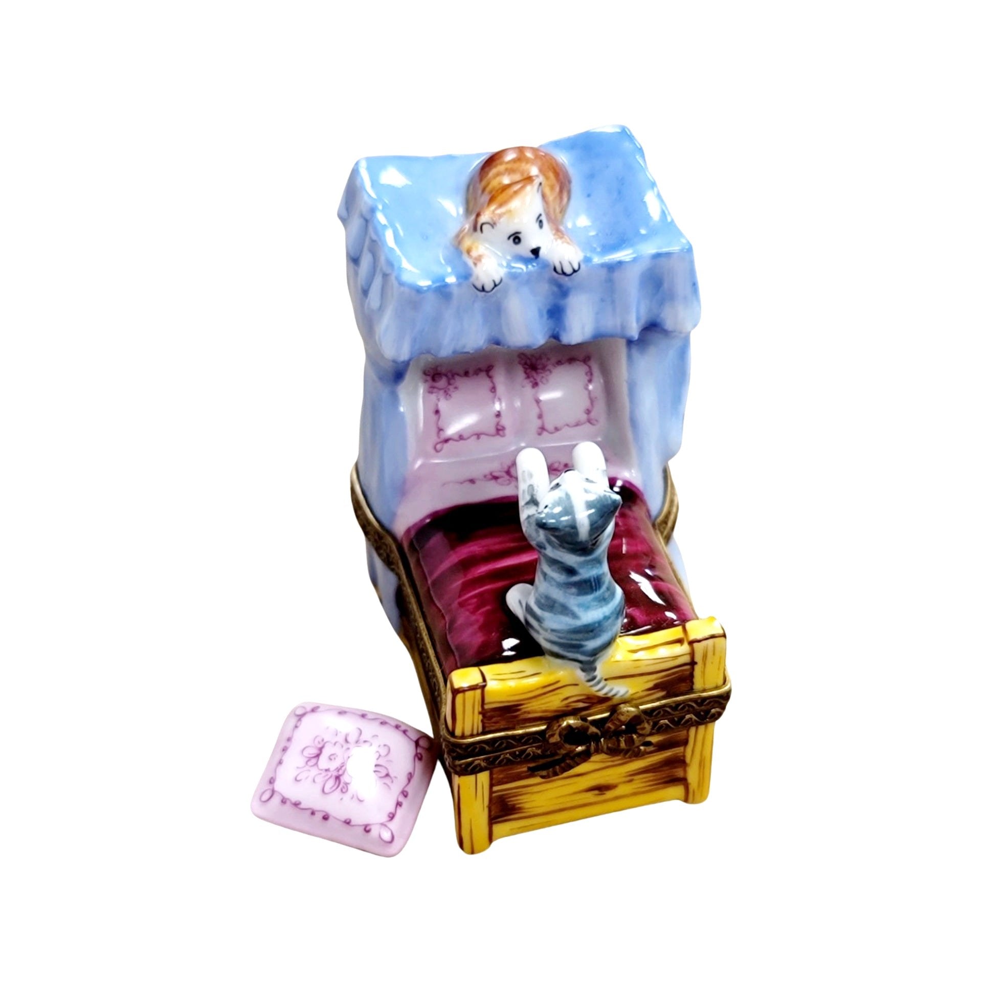 Playful Cats on Elegant Bed Porcelain Limoges cat cats limoge box home furniture French Trinket Box