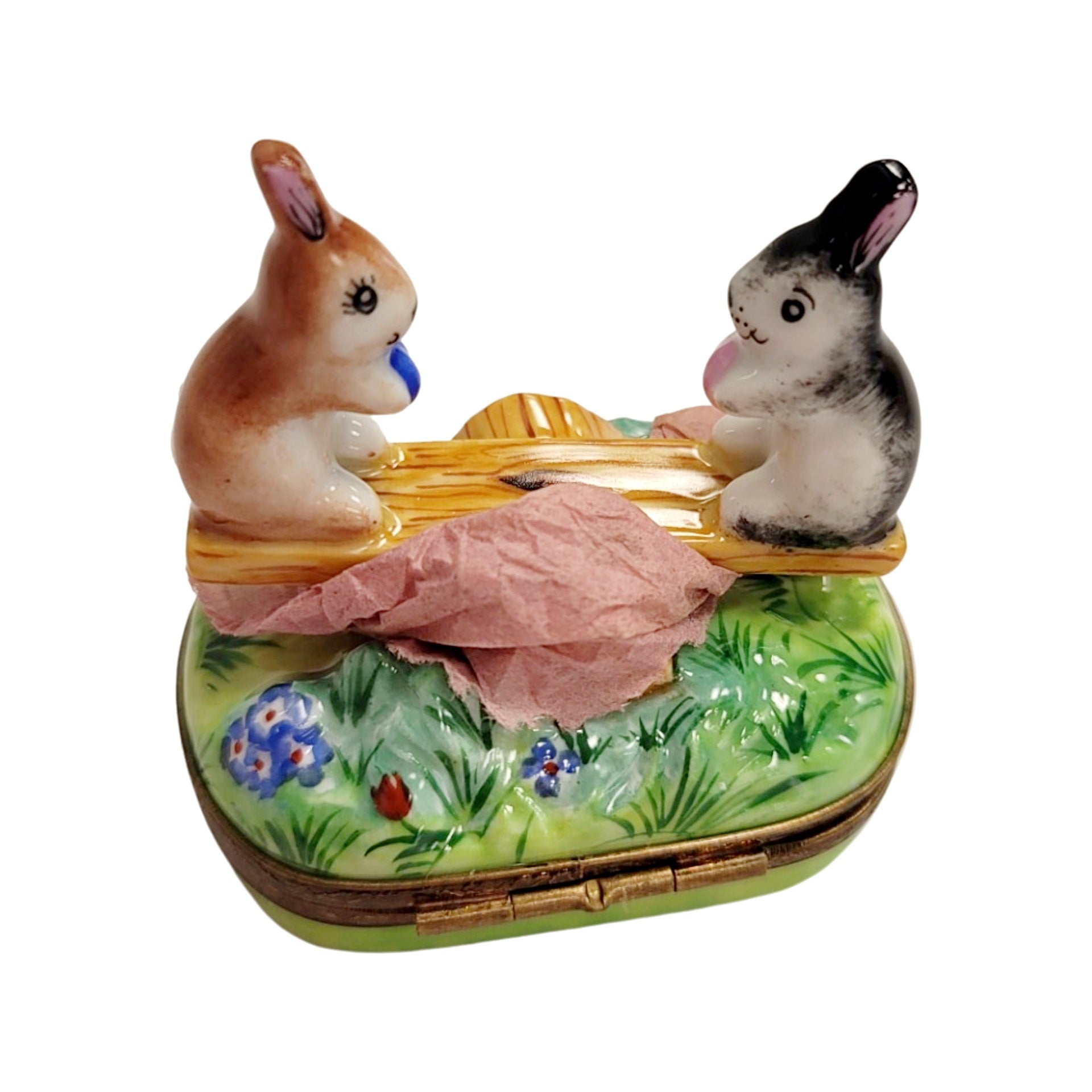 Playful Rabbit See-Saw Delight Porcelain Limoges rabbit mice mouse French Trinket Box