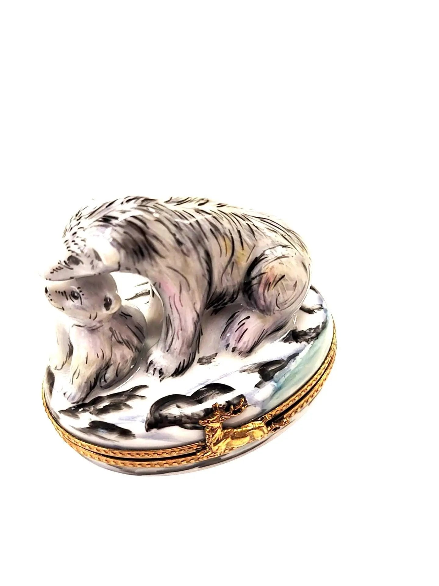 Polar Bear and Cub Figurine Porcelain Limoges bear wild animal French Trinket Box