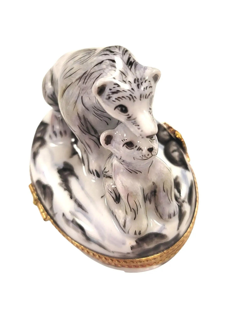 Polar Bear and Cub Figurine Porcelain Limoges bear wild animal French Trinket Box