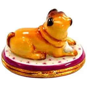 Pug w Bone Porcelain Limoges dog dogs French Trinket Box