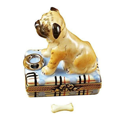 Pug with Spilt Water & Removable Bone Porcelain Limoges dog French Trinket Box