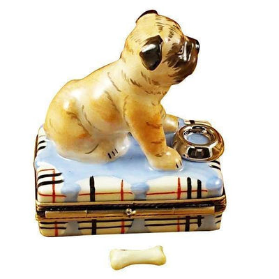 Pug with Spilt Water & Removable Bone Porcelain Limoges dog French Trinket Box