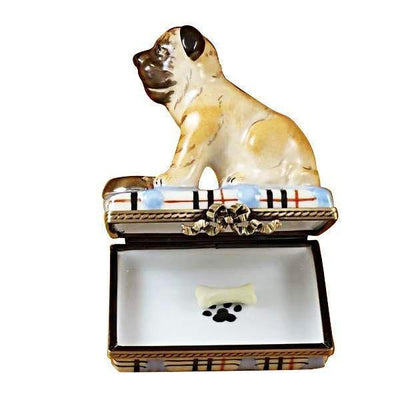 Pug with Spilt Water & Removable Bone Porcelain Limoges dog French Trinket Box