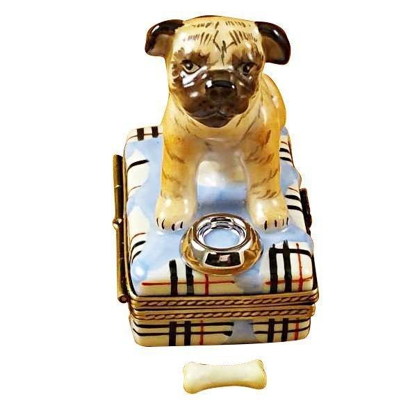 Pug with Spilt Water & Removable Bone Porcelain Limoges dog French Trinket Box