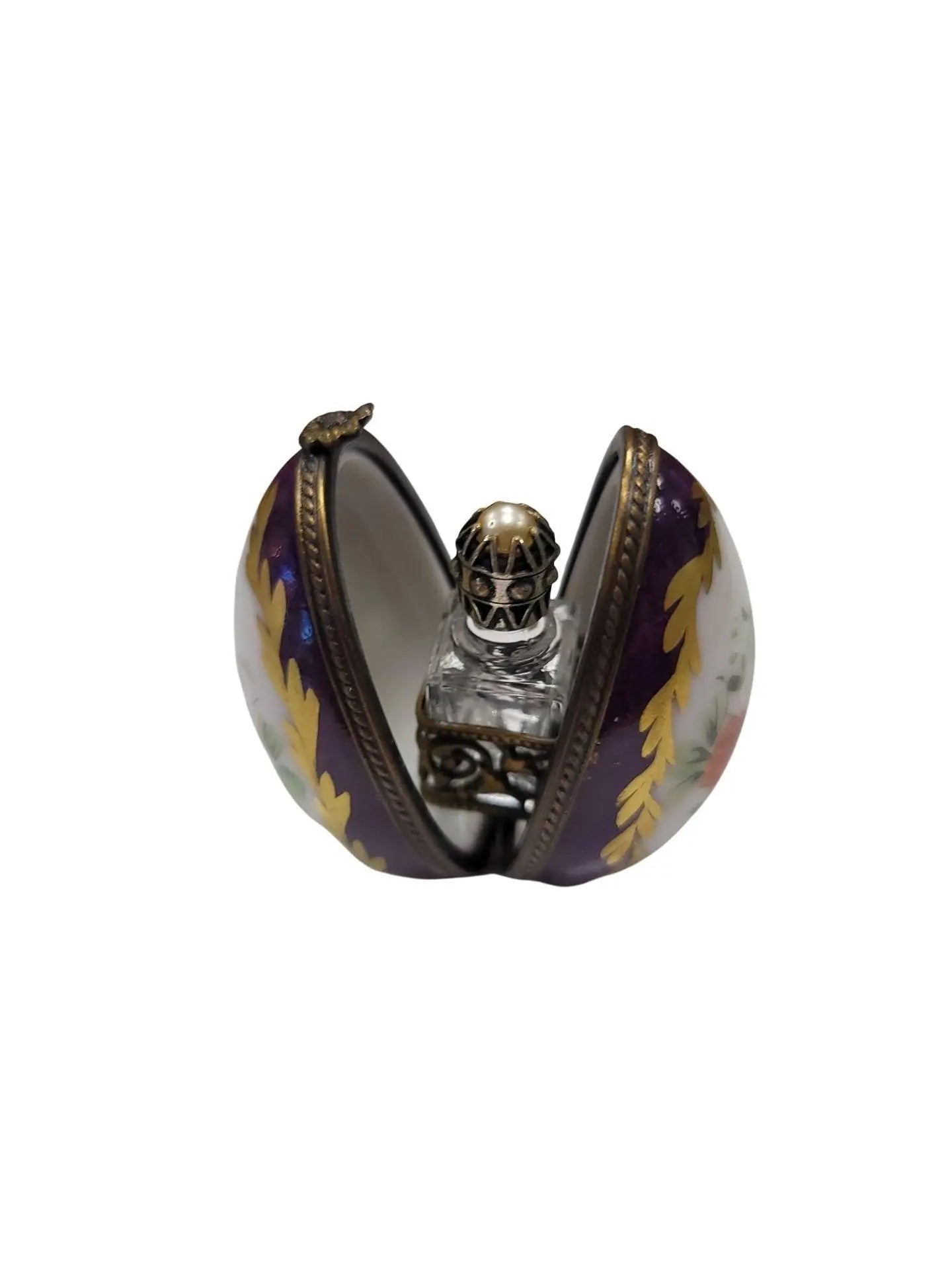 Purple Egg Gold Perfume Box Porcelain Limoges perfume egg French Trinket Box