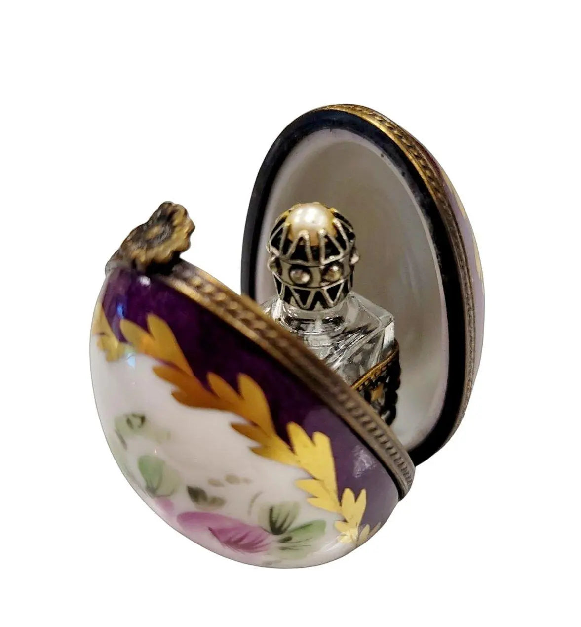 Purple Egg Gold Perfume Box Porcelain Limoges perfume egg French Trinket Box