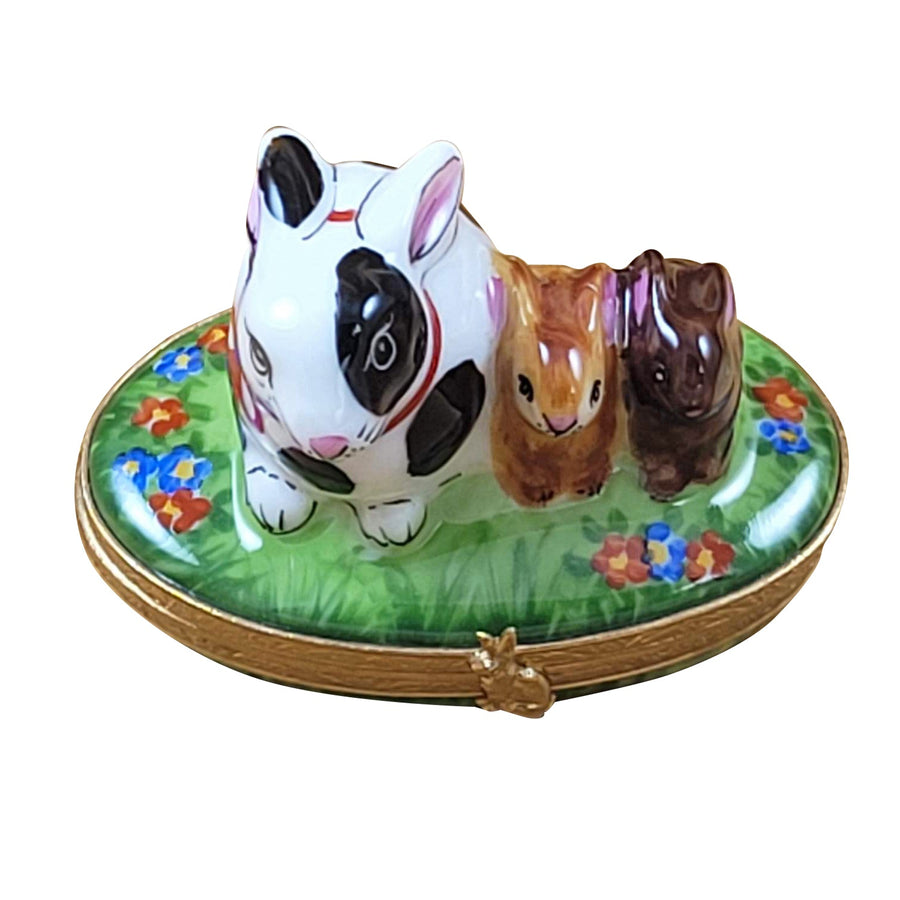 Bunny Rabbit Family on spring flowers Porcelain Limoges Rabbit mice French Trinket Box