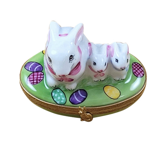 White easter rabbit with babies on green grass in spring