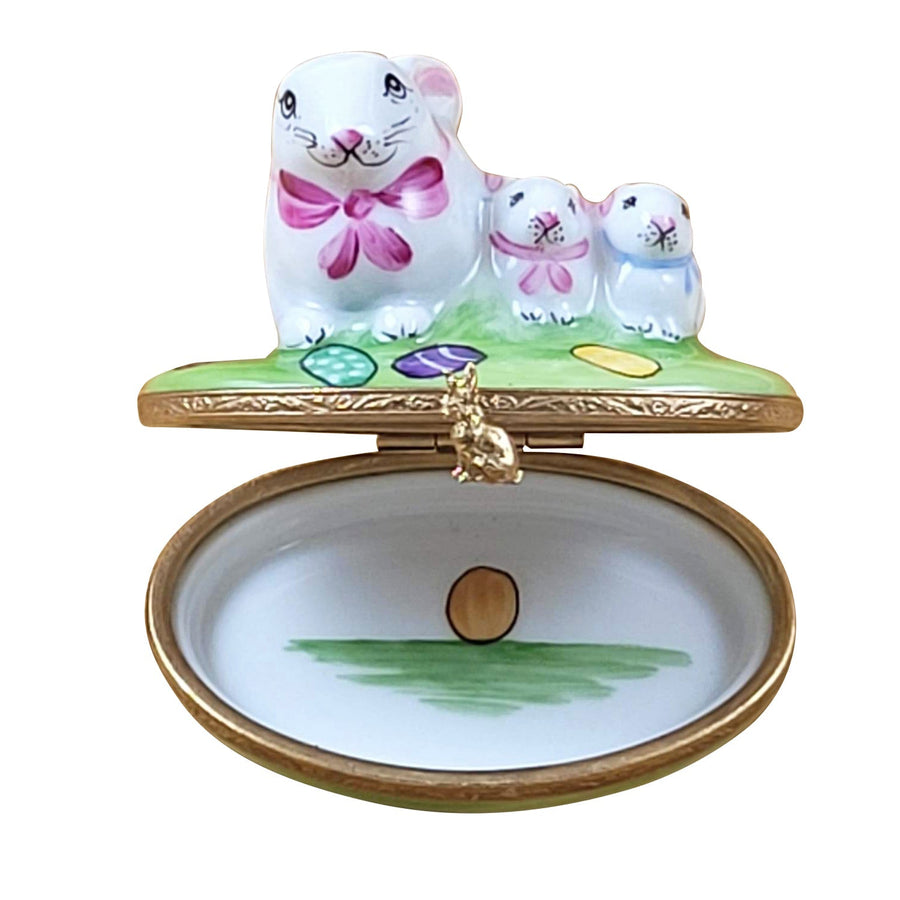 White easter rabbit with babies on green grass in spring