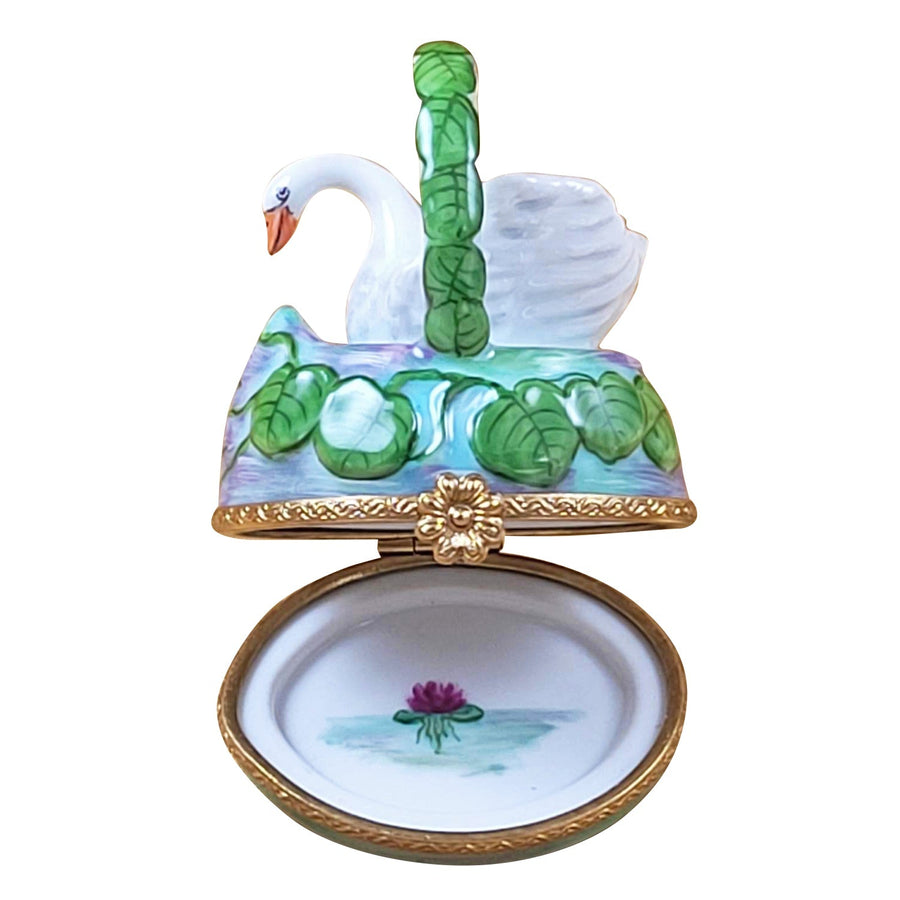 Monet white swan in basket water lilies Porcelain Limoges wild birds French Trinket Box