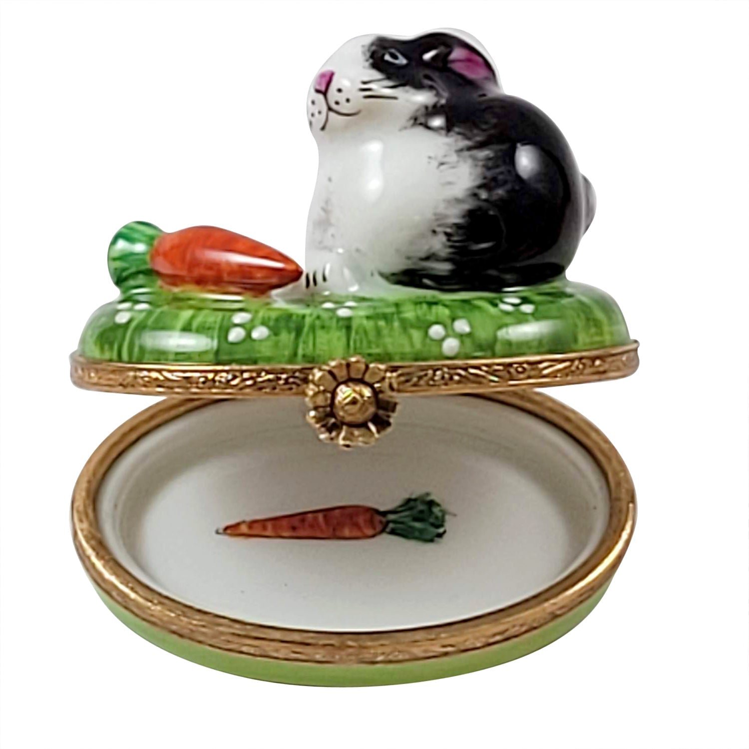Black and White Rabbit w Carrot Porcelain Limoges farm rabbit mouse limoges box French Trinket Box