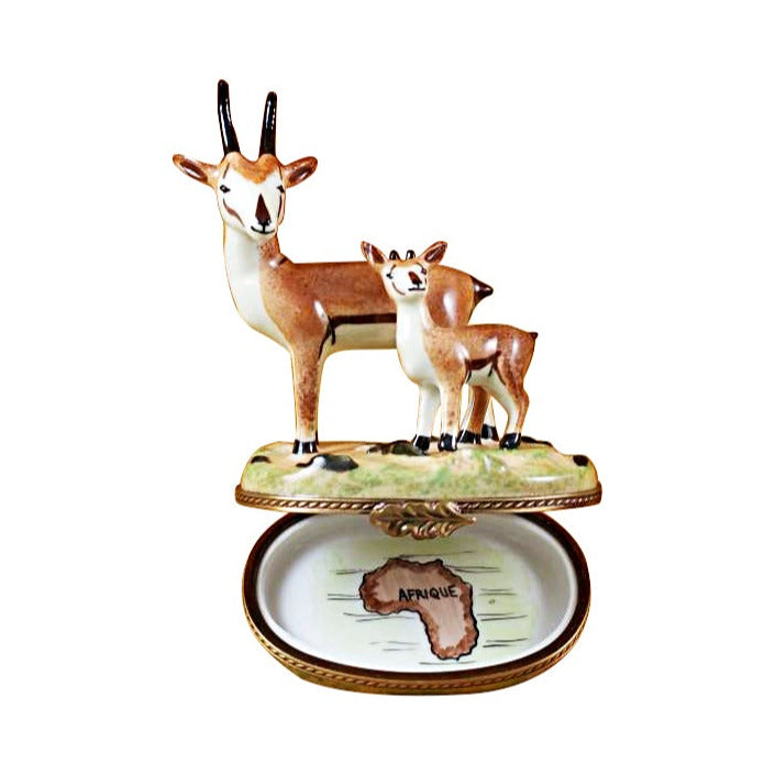 Antelope Mother and Baby Limoges box, hand-painted porcelain made in France