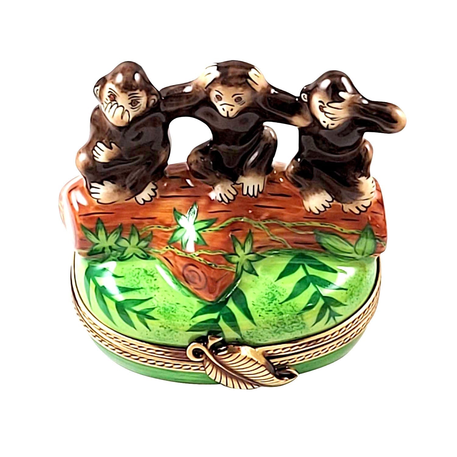 3 Wise Monkeys Hear See Speak no Evil Porcelain Limoges wild animals travel French Trinket Box