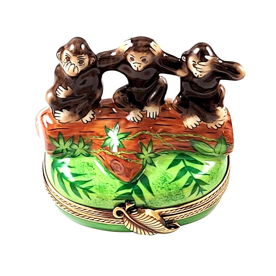3 Wise Monkeys Hear See Speak no Evil Porcelain Limoges wild animals travel French Trinket Box