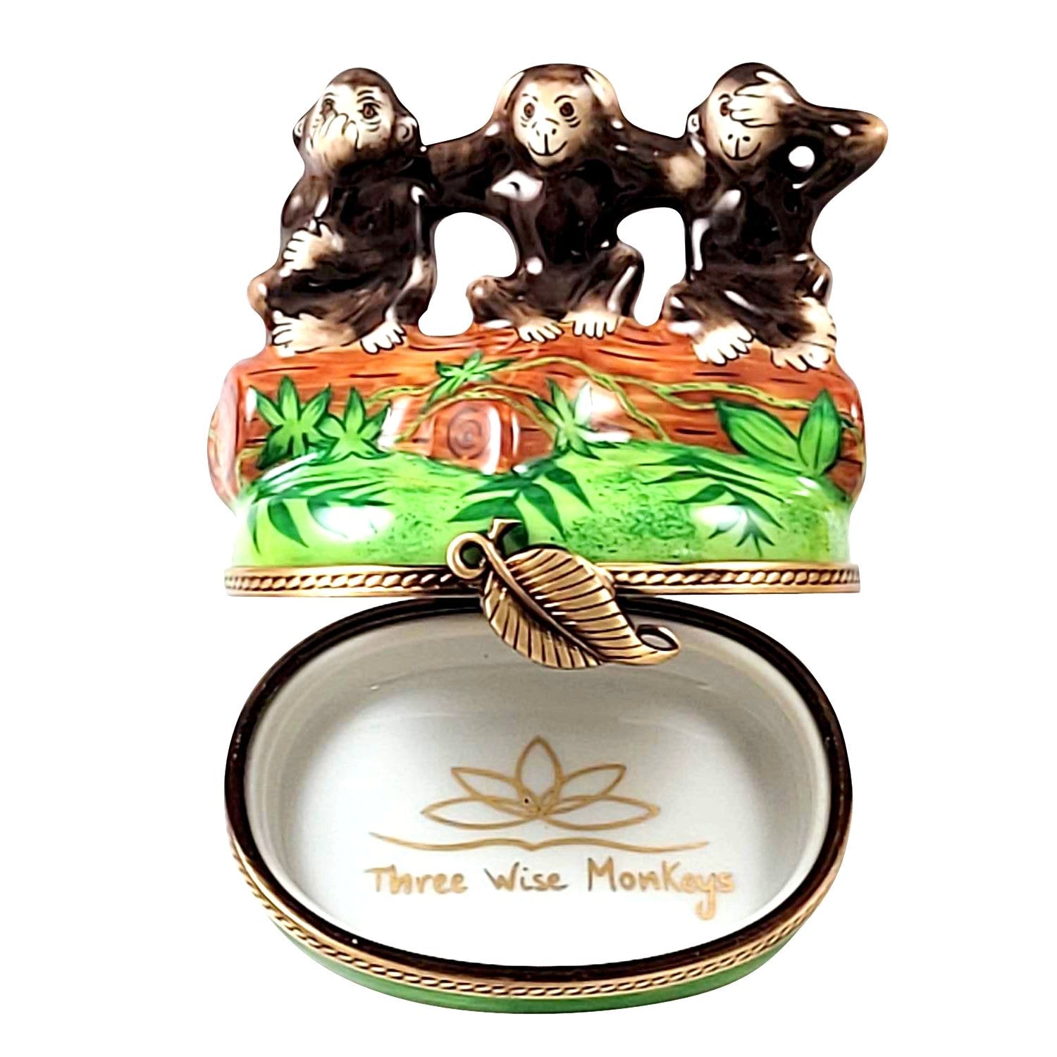 3 Wise Monkeys Hear See Speak no Evil Porcelain Limoges wild animals travel French Trinket Box