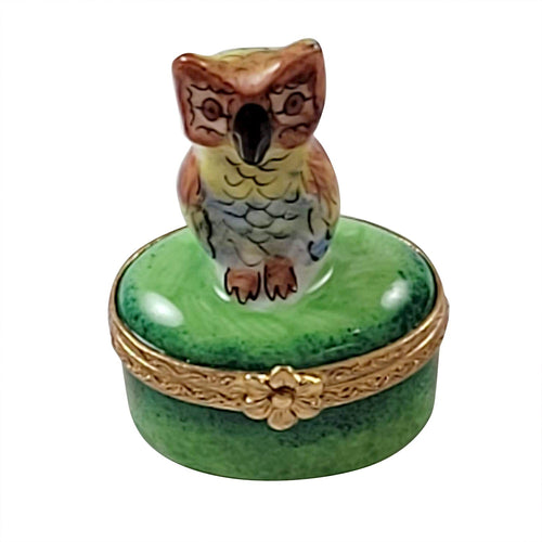 Mini Owl on Green Porcelain Limoges Bird owl French Trinket Box