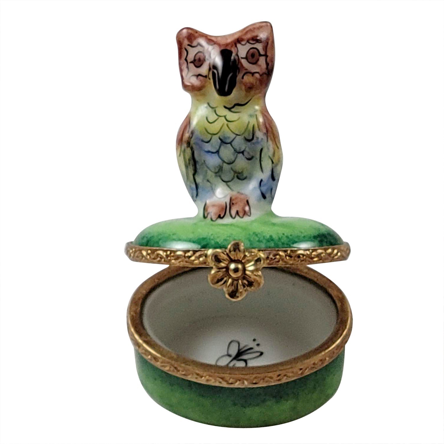 Mini Owl on Green Porcelain Limoges Bird owl French Trinket Box