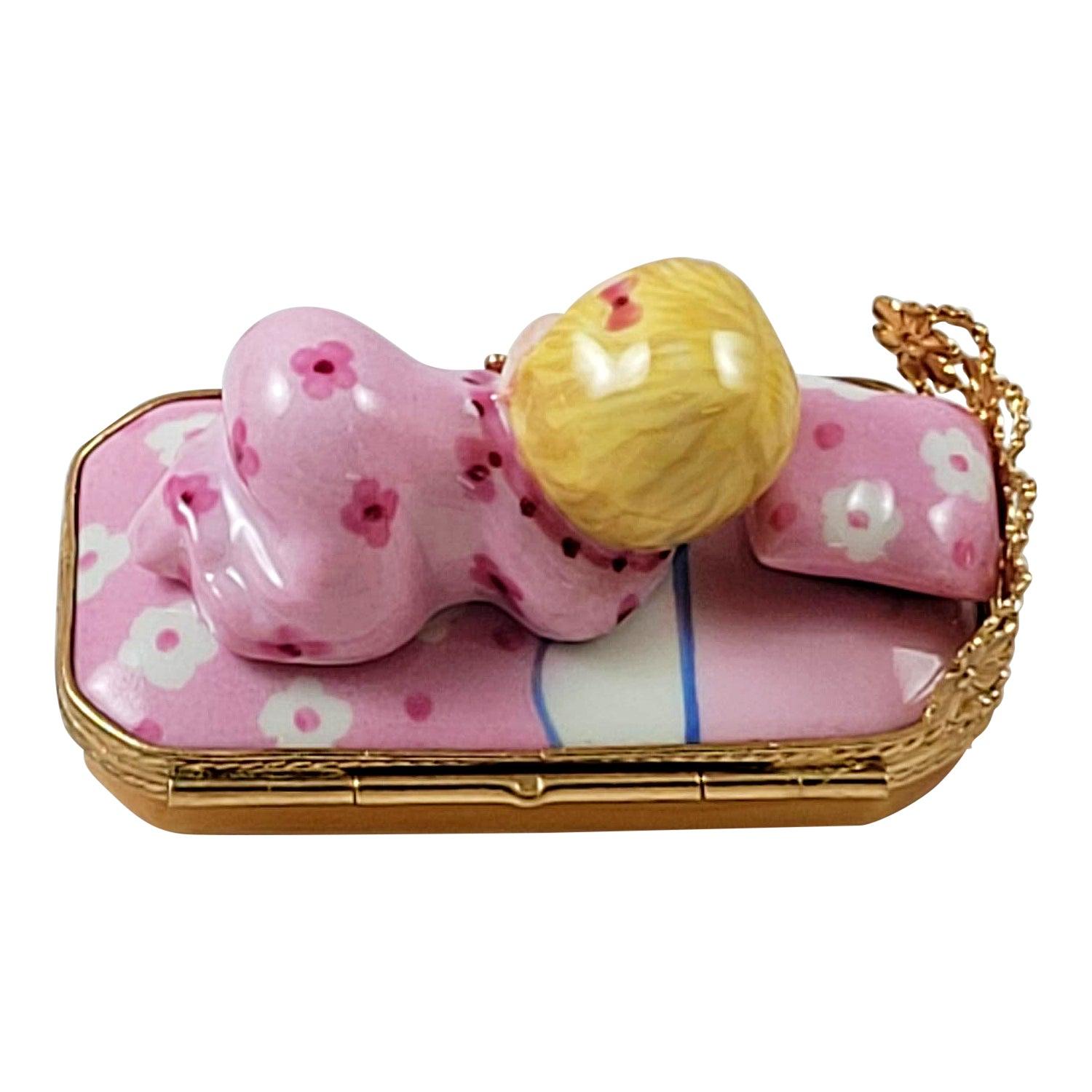 Baby In Pink Bed w Pacifier Baby Porcelain Limoges Babies Figurine French Trinket Box
