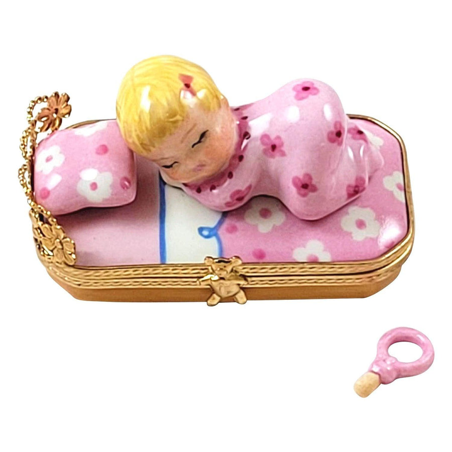 Baby In Pink Bed w Pacifier Baby Porcelain Limoges Babies Figurine French Trinket Box