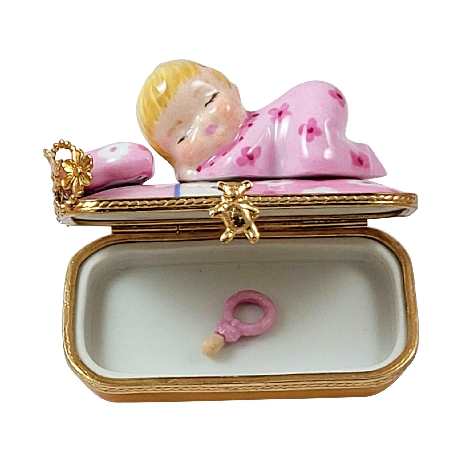 Baby In Pink Bed w Pacifier Baby Porcelain Limoges Babies Figurine French Trinket Box