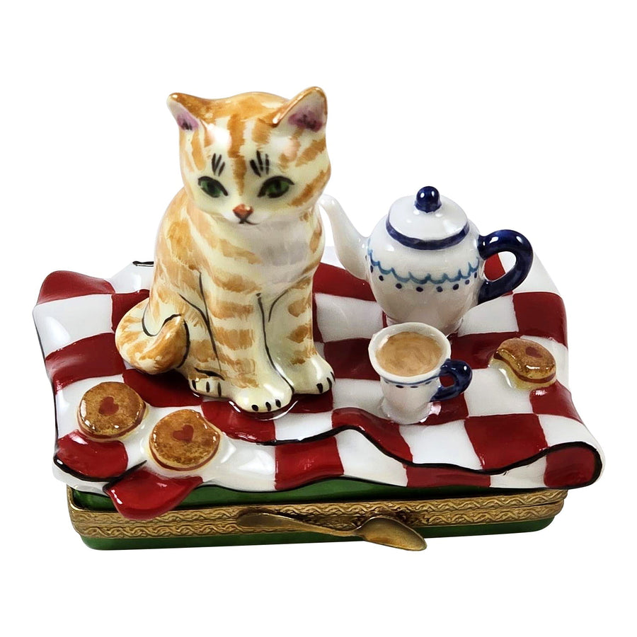 Orange Tabby Cat Lunch Porcelain Limoges Cat Tea French Trinket Box