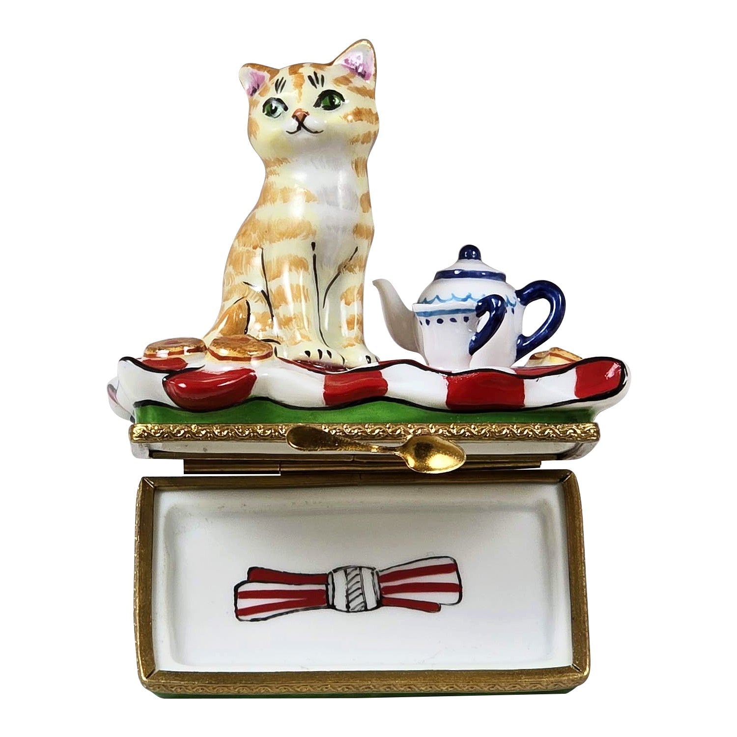 Orange Tabby Cat Lunch Porcelain Limoges Cat Tea French Trinket Box