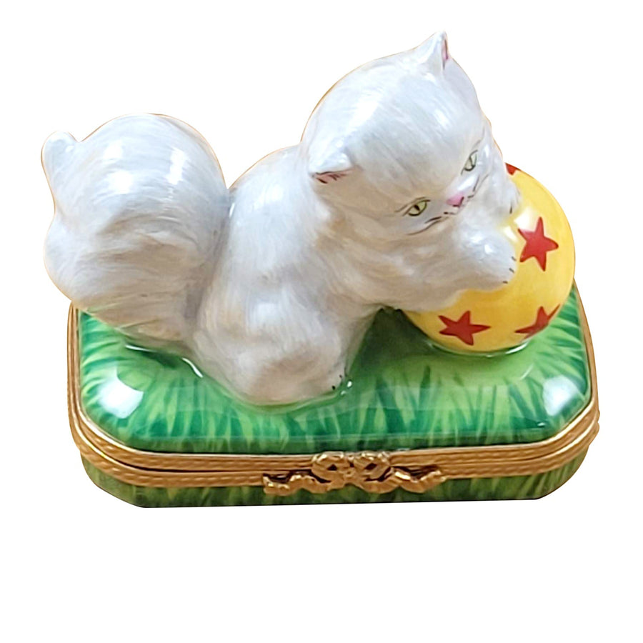Persian cat with yellow ball Porcelain Limoges Cat French Trinket Box