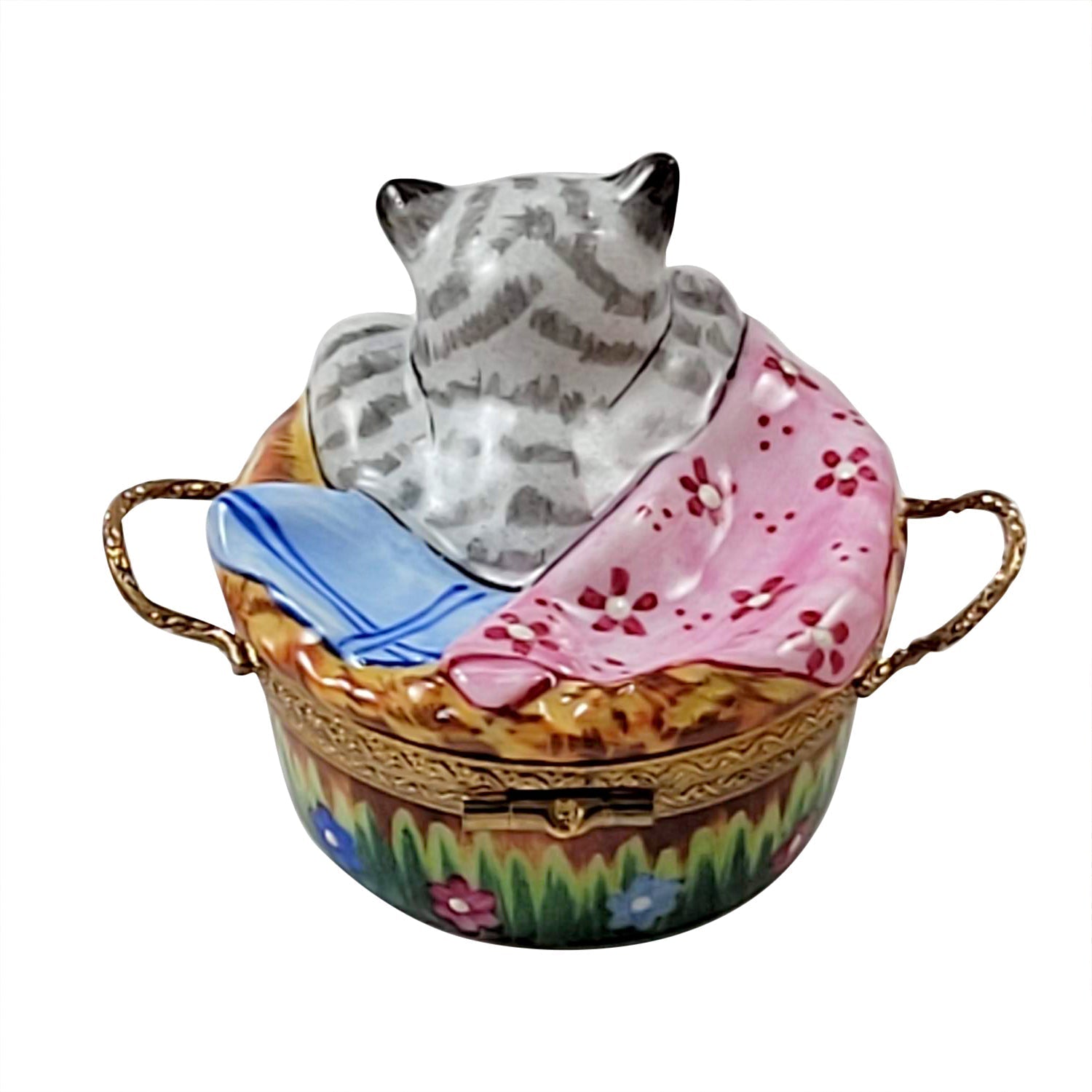 Kitten in Basket Porcelain Limoges Cat shoe French Trinket Box