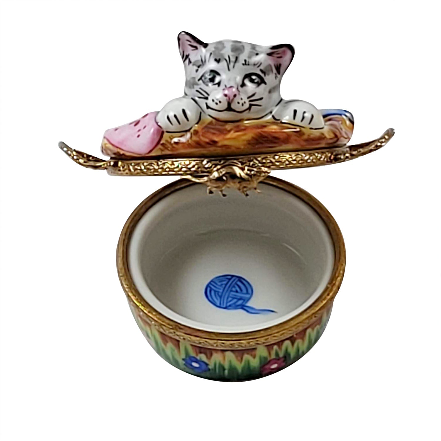 Kitten in Basket Porcelain Limoges Cat shoe French Trinket Box