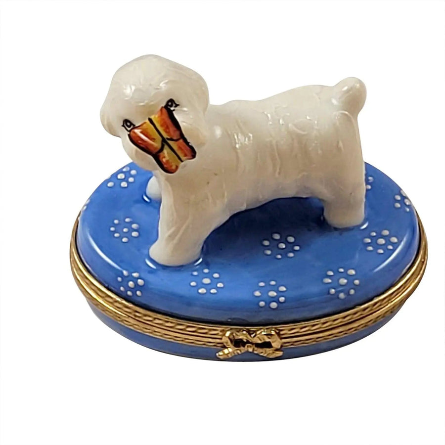 Bichon Frise Dog w Butterfly Porcelain Limoges Dog Butterfly French Trinket Box