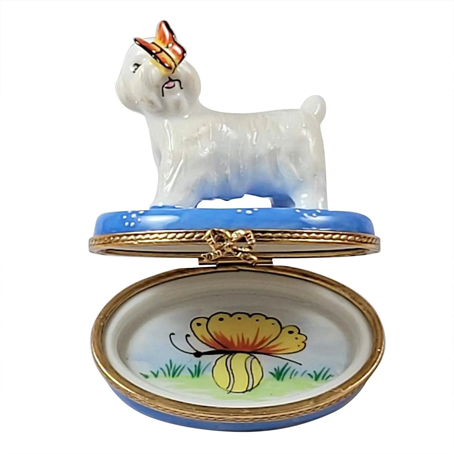Bichon Frise Dog w Butterfly Porcelain Limoges Dog Butterfly French Trinket Box