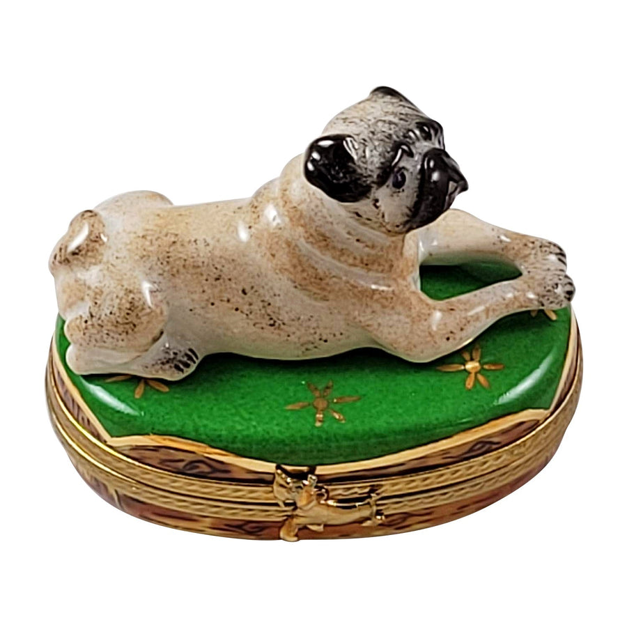 French pug dog on green Porcelain Limoges dog French Trinket Box
