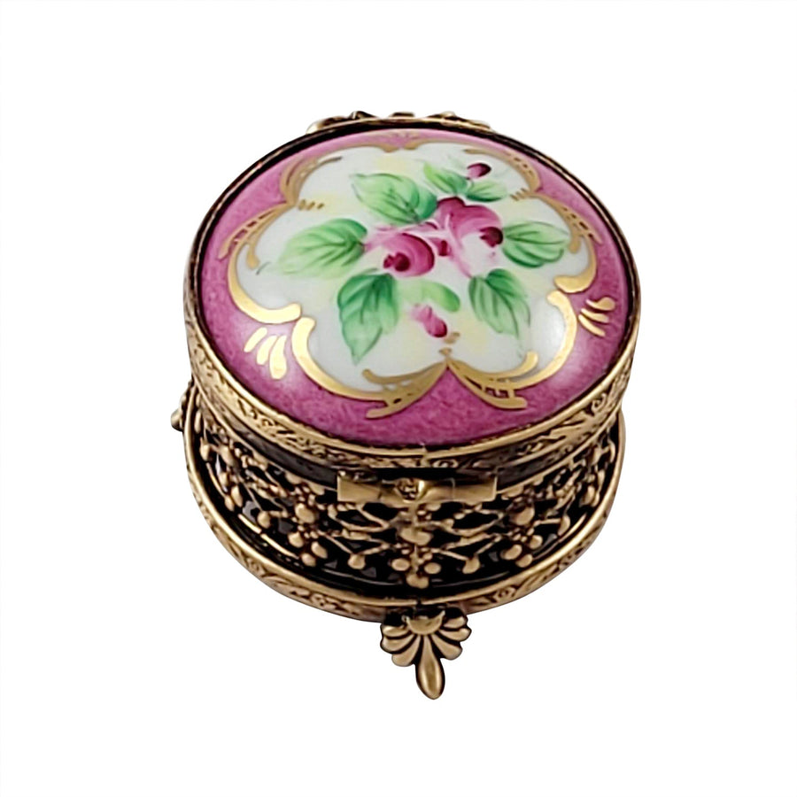 SMALL ROUND PINK WITH FLOWERS AND ORNATE BRASS Porcelain Limoges Traditional Antique French Trinket Box