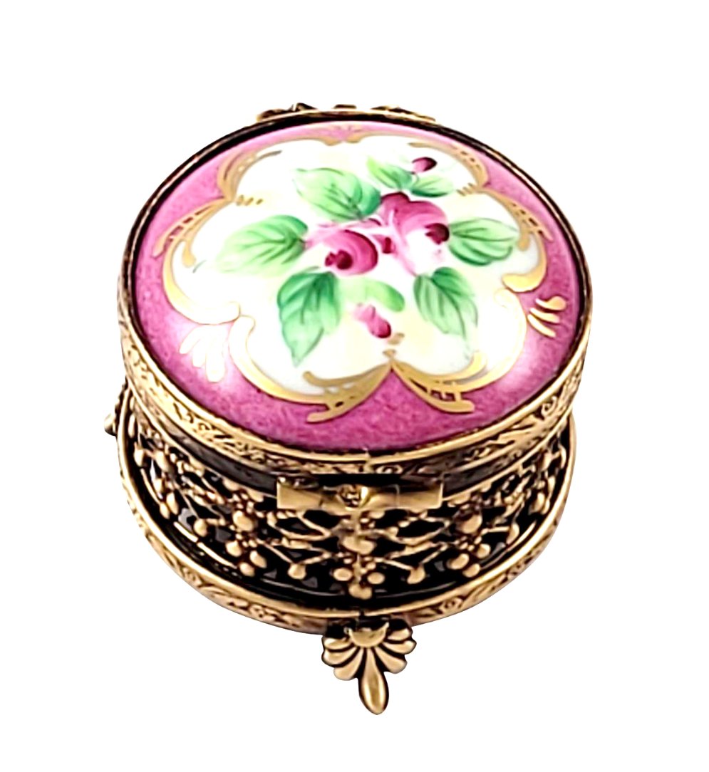 Pink Round Galerie with Brass Porcelain Limoges Traditional French Trinket Box