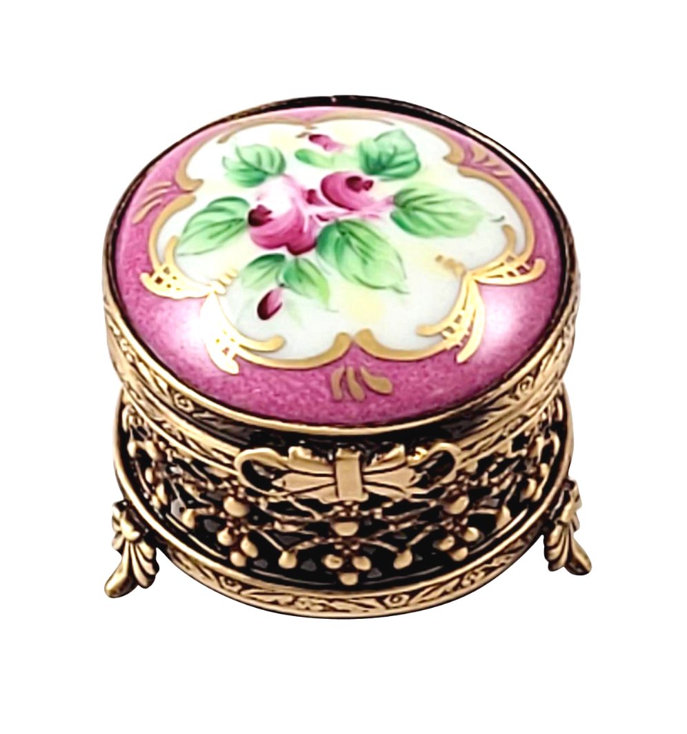 Pink Round Galerie with Brass Porcelain Limoges Traditional French Trinket Box