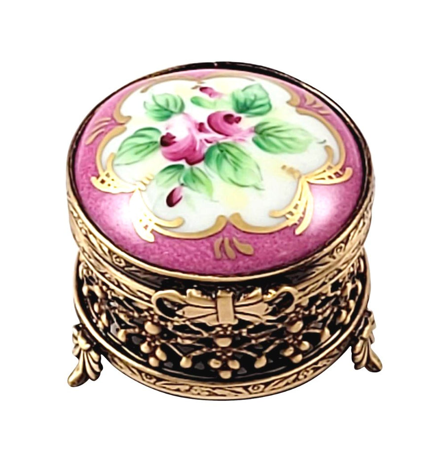 Pink Round Galerie with Brass Porcelain Limoges Traditional French Trinket Box