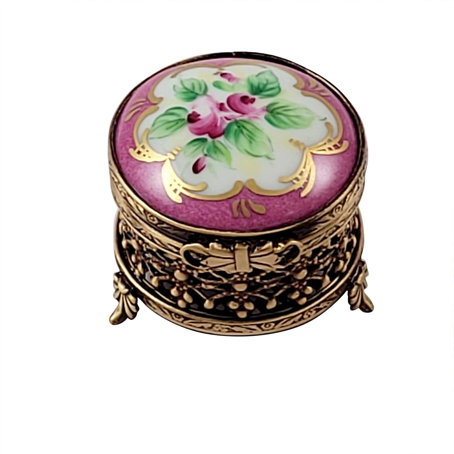SMALL ROUND PINK WITH FLOWERS AND ORNATE BRASS Porcelain Limoges Traditional Antique French Trinket Box