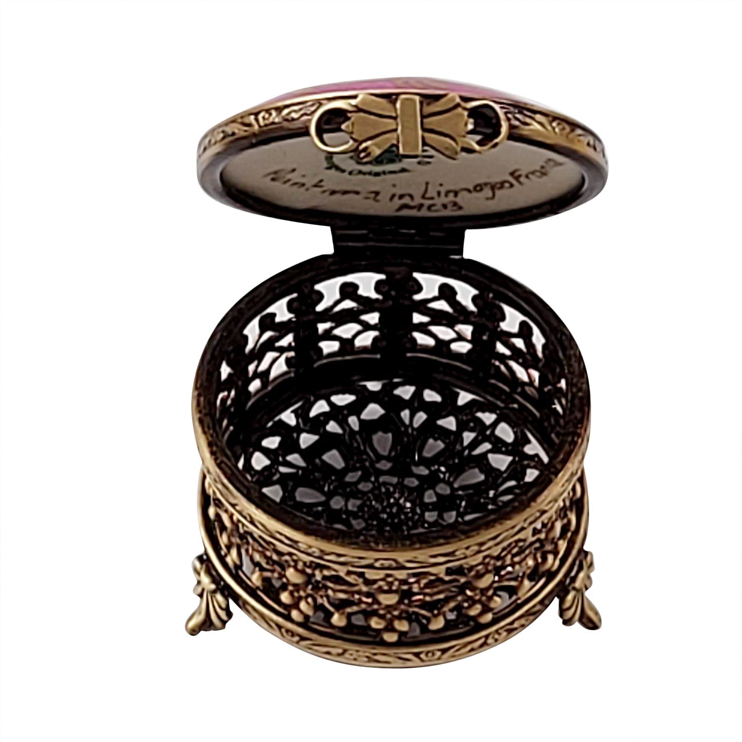 SMALL ROUND PINK WITH FLOWERS AND ORNATE BRASS Porcelain Limoges Traditional Antique French Trinket Box