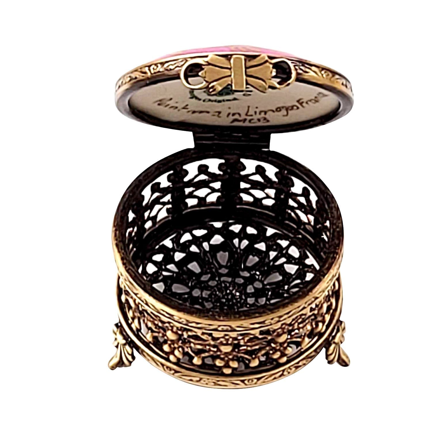 Pink Round Galerie with Brass Porcelain Limoges Traditional French Trinket Box