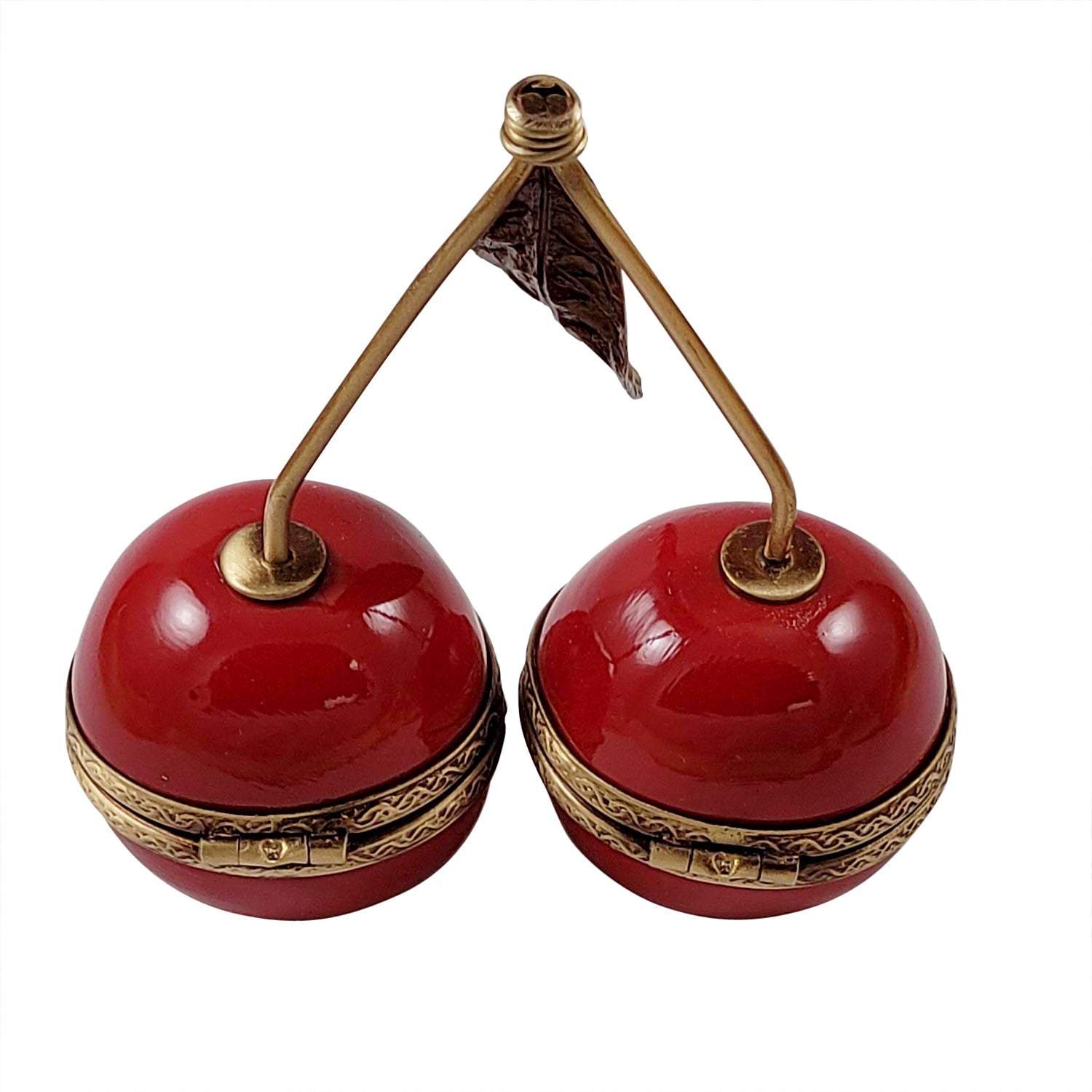 TWO CHERRIES WITH BRASS STEMS Porcelain Limoges fruit Rochard Limoges Box French Trinket Box