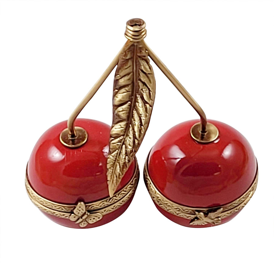 TWO CHERRIES WITH BRASS STEMS Porcelain Limoges fruit Rochard Limoges Box French Trinket Box