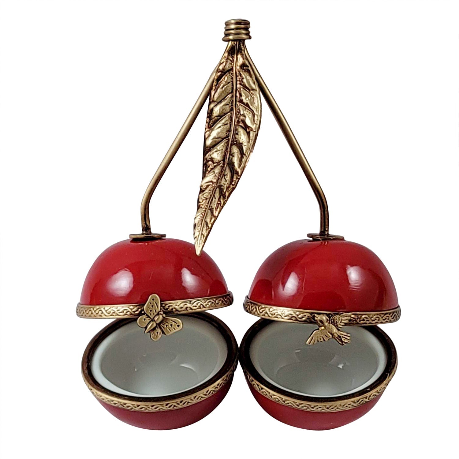TWO CHERRIES WITH BRASS STEMS Porcelain Limoges fruit Rochard Limoges Box French Trinket Box